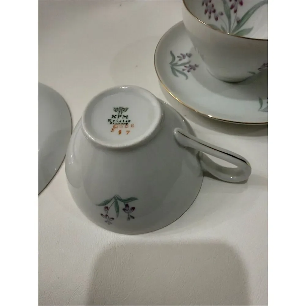 R KPM Krister Germany White Porcelain Teacup Saucer Set F669. 27 Purple Floral